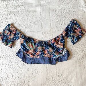 Rusttydustty Boho Off Shoulder Paisley Blue Multicolor Ruffle Rayon Crop Top